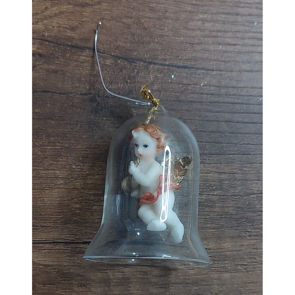 Vintage Glass Bell Christmas Tree Ornament With Angel Cherub Horn  A5